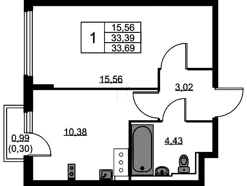 1-комнатная квартира 33.69 м², 9/11 эт., ЖК «Новое Колпино»